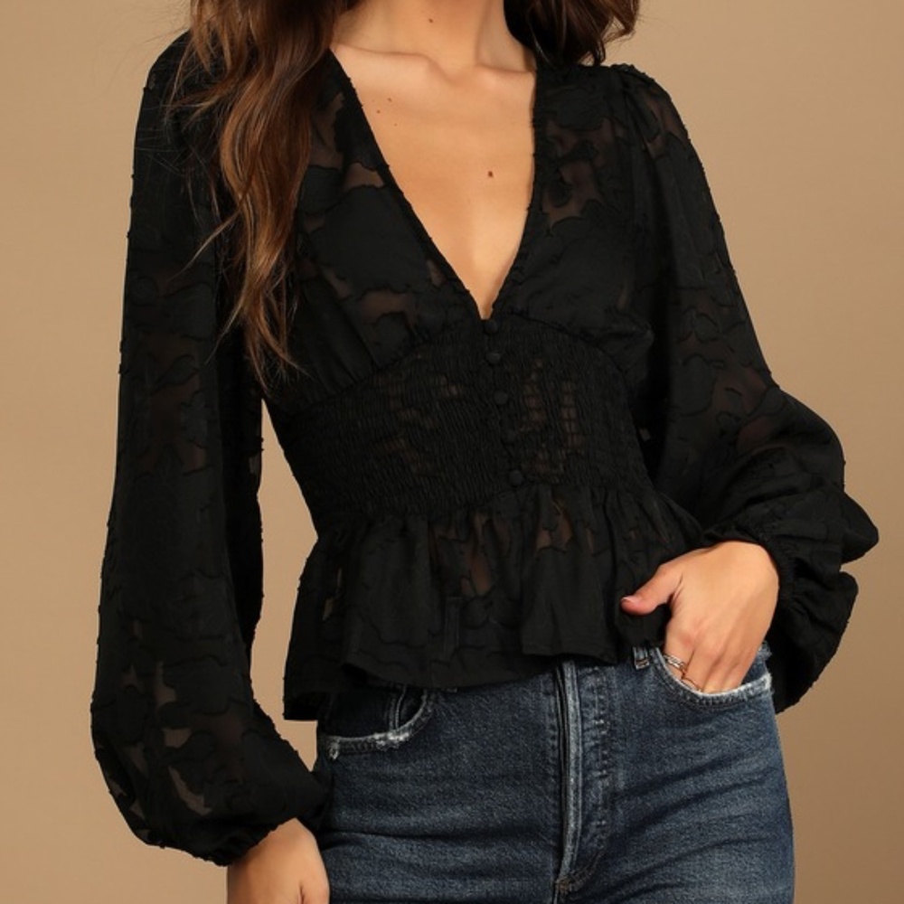 Lulus Patio Date Black Floral Jacquard Button-up Long Sleeve Top - Size S